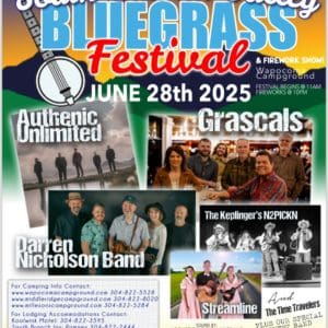 South Branch Valley Bluegrass Festival 2025 event poster featuring headlining acts Authentic Unlimited, The Grascals, and Darren Nicholson Band, with local performers at Wapocoma Campground in Romney, WV.